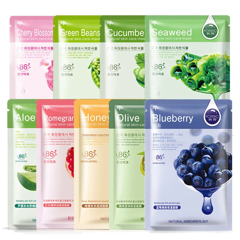 Skin Care Natural Fruit Plant Facial Mask Moisturizing Oil-Control Blueberry Cucumber Pomegranate Fruit Aloe Sheet Face Mask