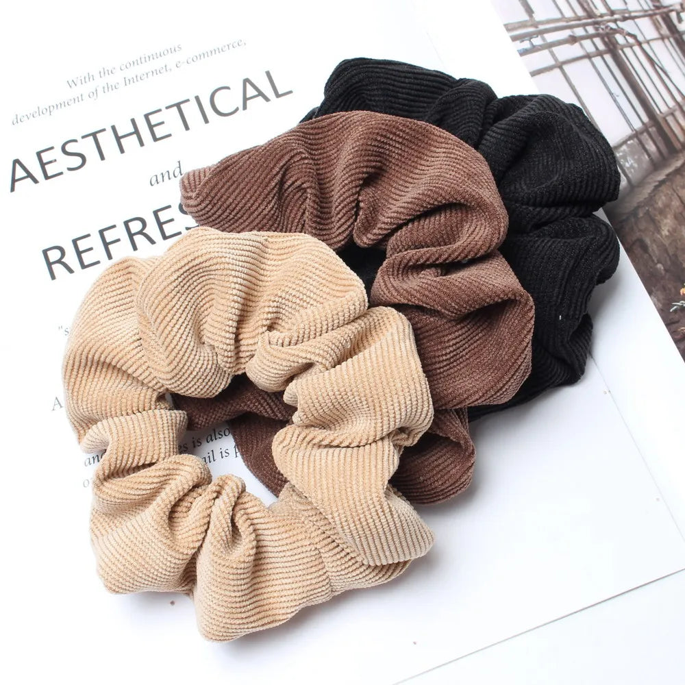 Cord Scrunchie Autumn Winter Corduroy Solid Fabric Scrunchies Set Elastic Hair Bands Fashion Ponytail Hair Tie Rope Headwear 3PK