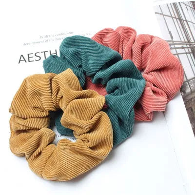 Cord Scrunchie Autumn Winter Corduroy Solid Fabric Scrunchies Set Elastic Hair Bands Fashion Ponytail Hair Tie Rope Headwear 3PK