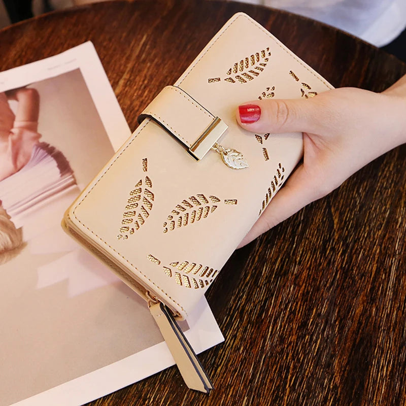 Women Wallet PU Leather Purse Female Long Wallet Gold Hollow Leaves Pouch Handbag For Women Coin Purse Card Holders Clutch