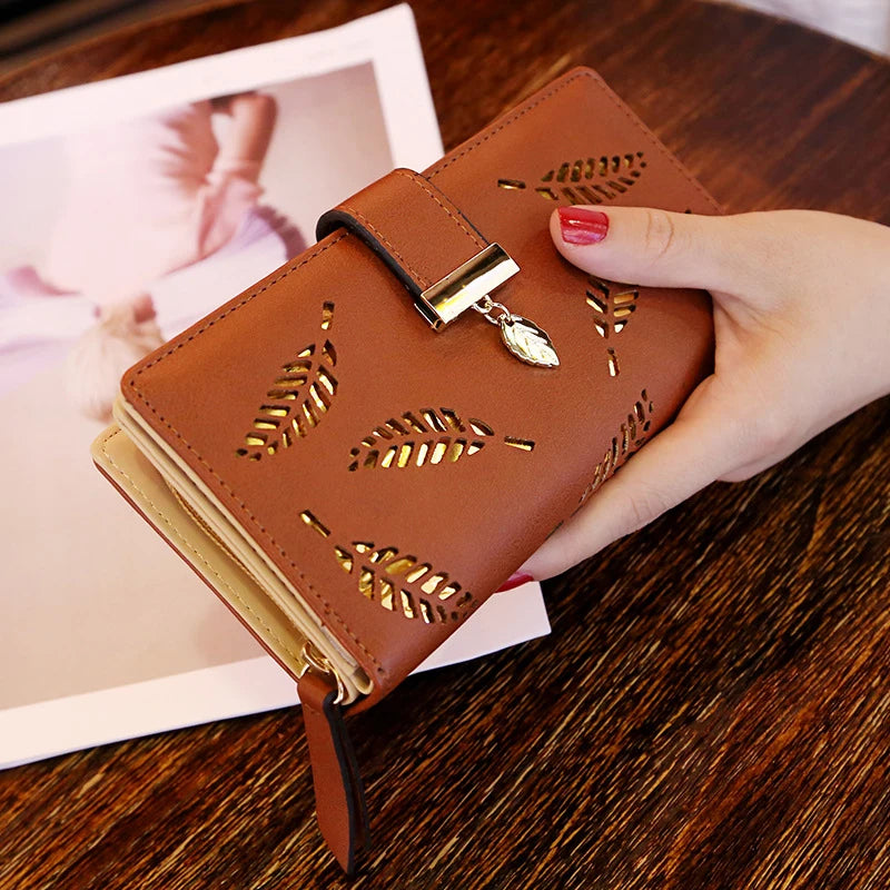 Women Wallet PU Leather Purse Female Long Wallet Gold Hollow Leaves Pouch Handbag For Women Coin Purse Card Holders Clutch