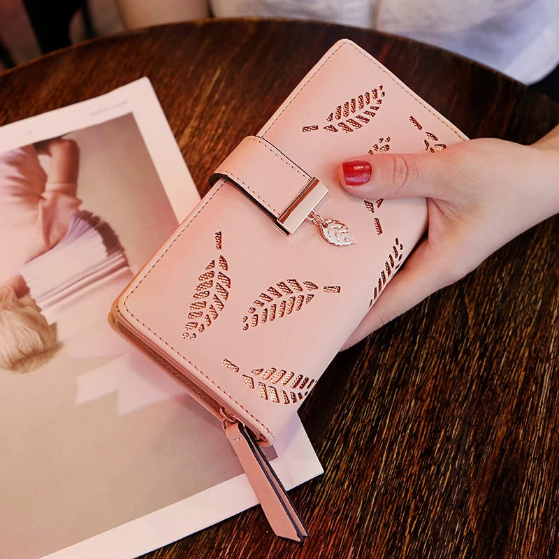 Women Wallet PU Leather Purse Female Long Wallet Gold Hollow Leaves Pouch Handbag For Women Coin Purse Card Holders Clutch