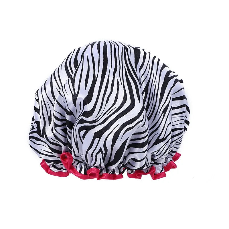 1PC Waterproof Shower Cap Leopard Print Double Layer Elastic Shower Hair Cover Reusable Wave Point Shower Cap Bathroom Supplies