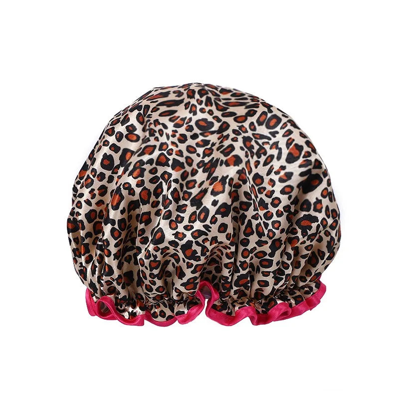 1PC Waterproof Shower Cap Leopard Print Double Layer Elastic Shower Hair Cover Reusable Wave Point Shower Cap Bathroom Supplies